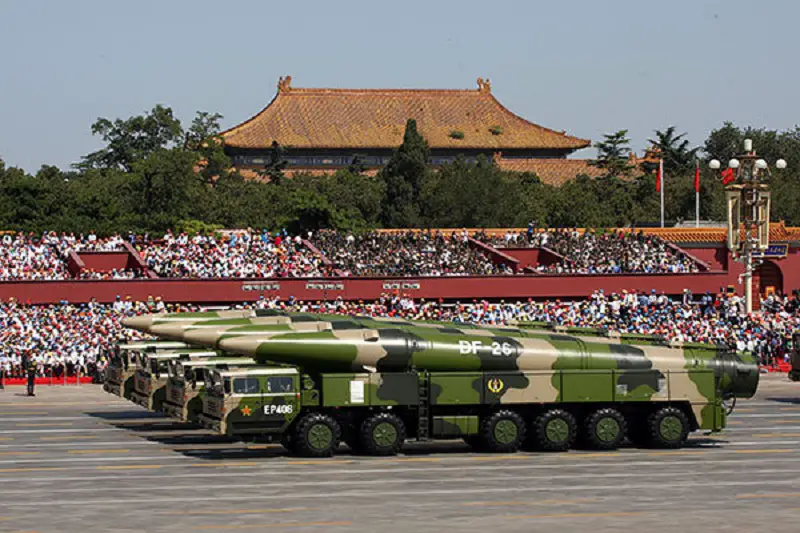 Dong-Feng 26 (DF-26) intermediate-range ballistic missiles appear in the Sept 3 parade in Beijing.