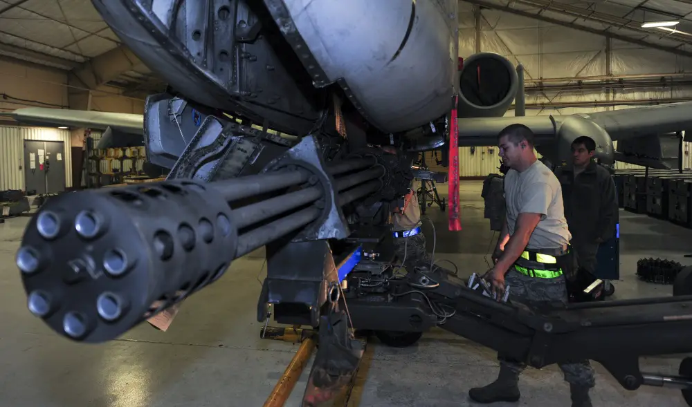 U.S. Airmen from the 354th Aircraft Maintenance Unit remove a GAU-8 Avenger 30 mm cannon from an A-10C Thunderbolt II at Davis-Monthan Air Force Base, Ariz., Jan. 8, 2018. The A-10's cannon is inspected and cleaned once every 36 months or every 25,000 rounds fired. 