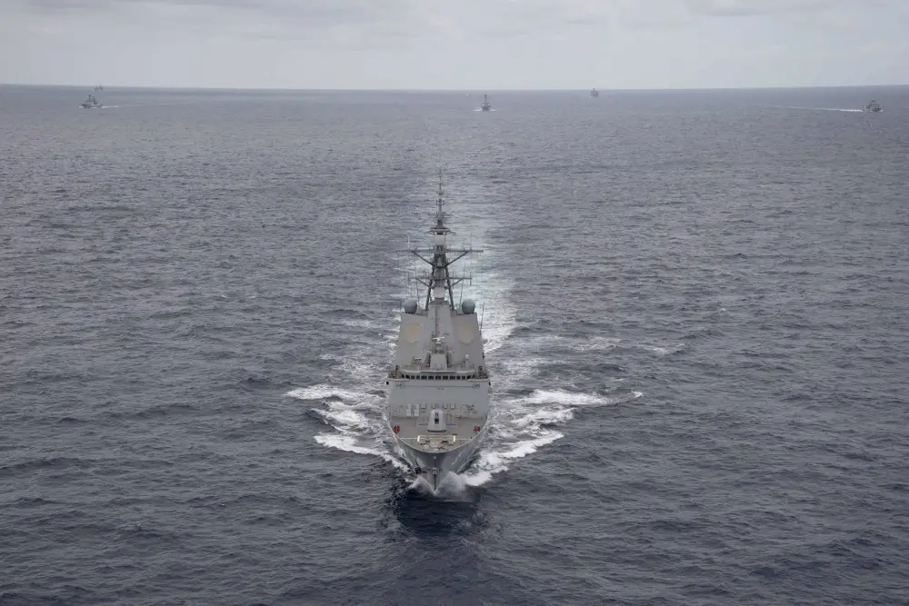 Royal Australian Navy ship HMAS Hobart (DDG 39) steams in a multinational formation during a photo exercise off the coast of Hawaii during the Rim of the Pacific (RIMPAC) exercise. 
