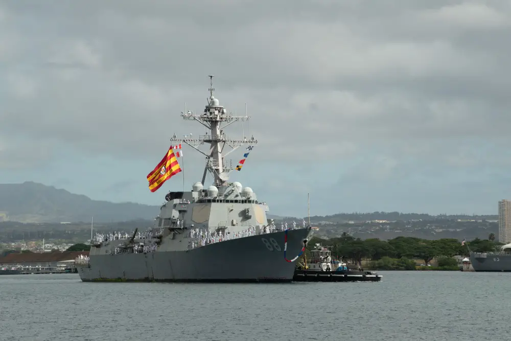  Arleigh Burke-class guided-missile destroyer USS Preble (DDG 88) returns to Joint Base Pearl Harbor-Hickam following the ship's surge deployment to the U.S. 4th Fleet area of operations, June 25.  (U.S. Navy Photo by Mass Communication Specialist Seaman Jaimar Carson Bondurant)