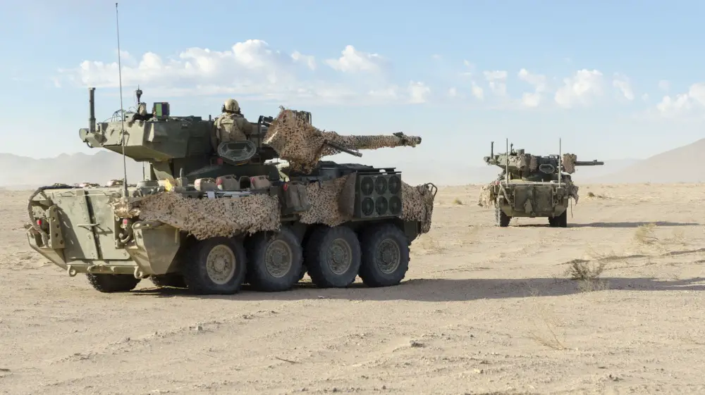 A M1128 MGS Stryker, assigned to the 4th Squadron, 3rd Cavalry Regiment, provides security during Decisive Action Rotation 20-02 at the National Training Center on Fort Irwin, Calif.