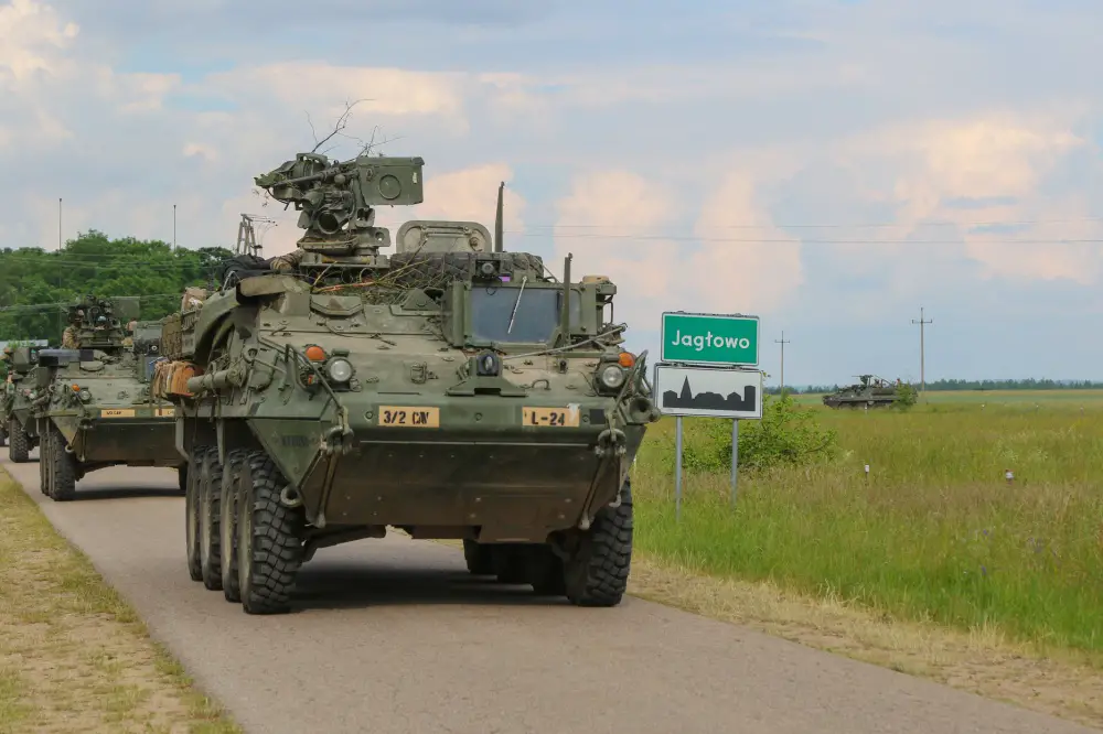 U.S. Army Soldiers assigned to 3rd Squadron, 2nd Cavalry Regiment drive Stryker infantry carrier vehicles during Bull Run 12 near Jaglowo, Poland. 