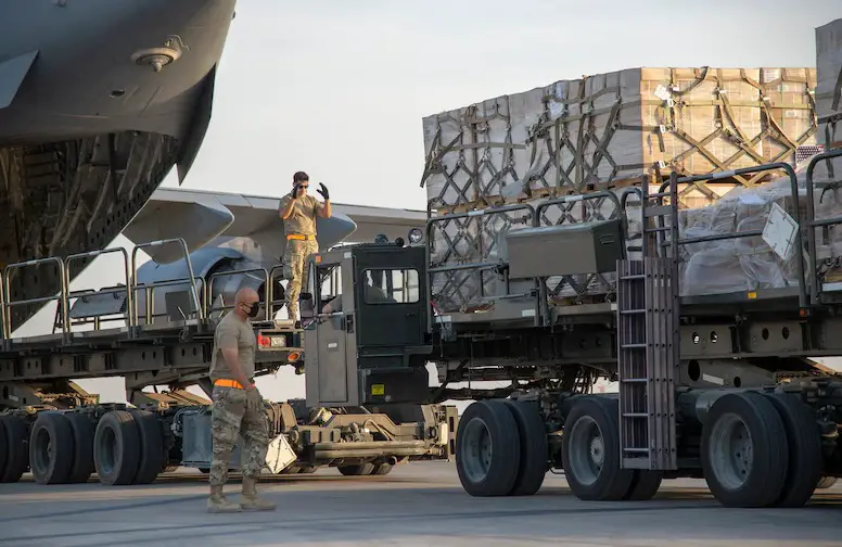 U.S. Air Force Airmen prepare to load humanitarian aid supplies onto a U.S. Air Force C-17 Globemaster III at Al Udeid Air Base, Qatar, Aug. 6, 2020, bound for Beirut. U.S. Central Command is coordinating with the Lebanese Armed Forces and U.S. Embassy-Beirut to transport critical supplies as quickly as possible to support the needs of the Lebanese people after a deadly port explosion Aug. 4. 