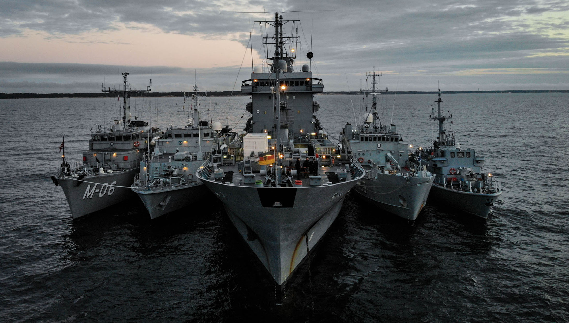 Five ships line up alongside each other during BALTOPS 2020. From left to right LVNS TÄlivaldis (Latvia), ENS Sakala (estonia), FGS Werra (Germany), ENS Wambola (Estonia), ORP Druzno (Poland). 