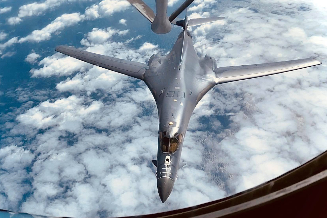 A B-1B Lancer from the 28th Bomb Wing at Ellsworth Air Force Base, S.D., disengages after receiving fuel from a KC-135 Stratotanker from the 100th Air Refueling Wing at Royal Air Force Mildenhall, England, during a training mission over England for Bomber Task Force Europe, May 11, 2020.