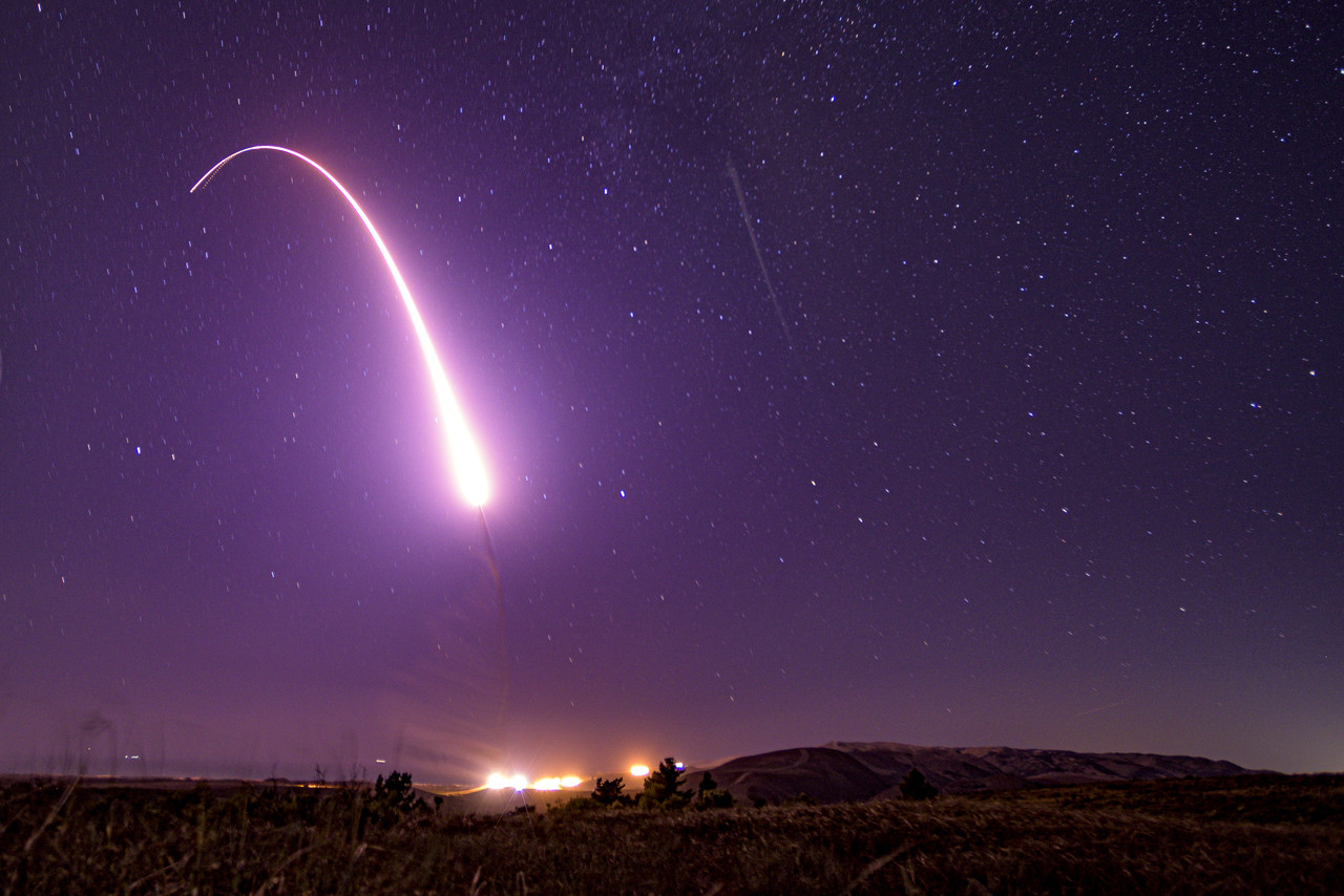 An unarmed Minuteman III intercontinental ballistic missile launches during a test from Vandenberg Air Force Base