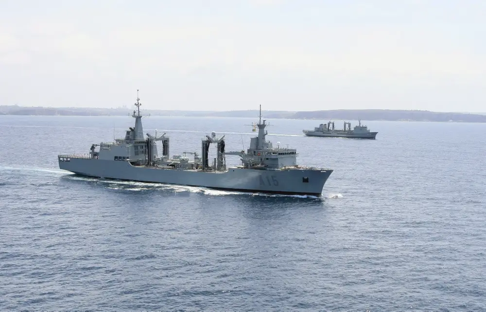 SPS Cantabria of the Spanish Armada in company with HMAS Success of the Royal Australian Navy off the coast of Sydney.
