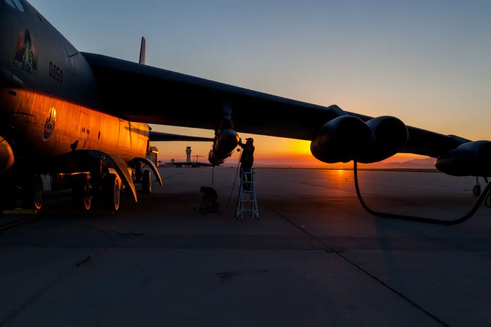 Members of the AGM-183A Air-launched Rapid Response Weapon Instrumented Measurement Vehicle 2 test team make final preparations prior to a captive-carry test flight of the prototype hypersonic weapon at Edwards Air Force Base, California, Aug. 8.