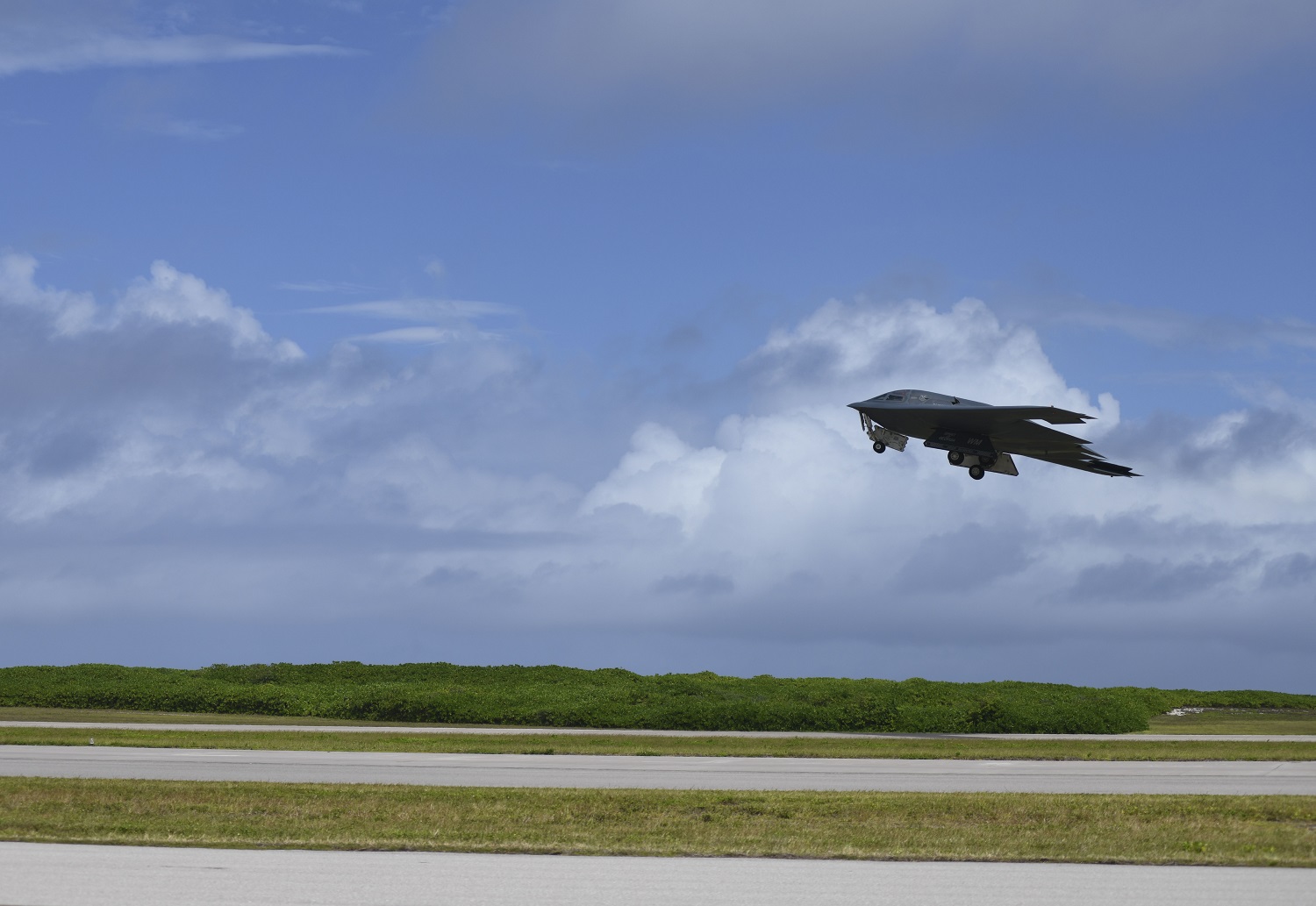  A B-2 Spirit Stealth Bomber, deployed from Whiteman Air Force Base, Missouri, takes-off from Naval Support Facility Diego Garcia, to support a Bomber Task Force mission, Aug. 17, 2020.