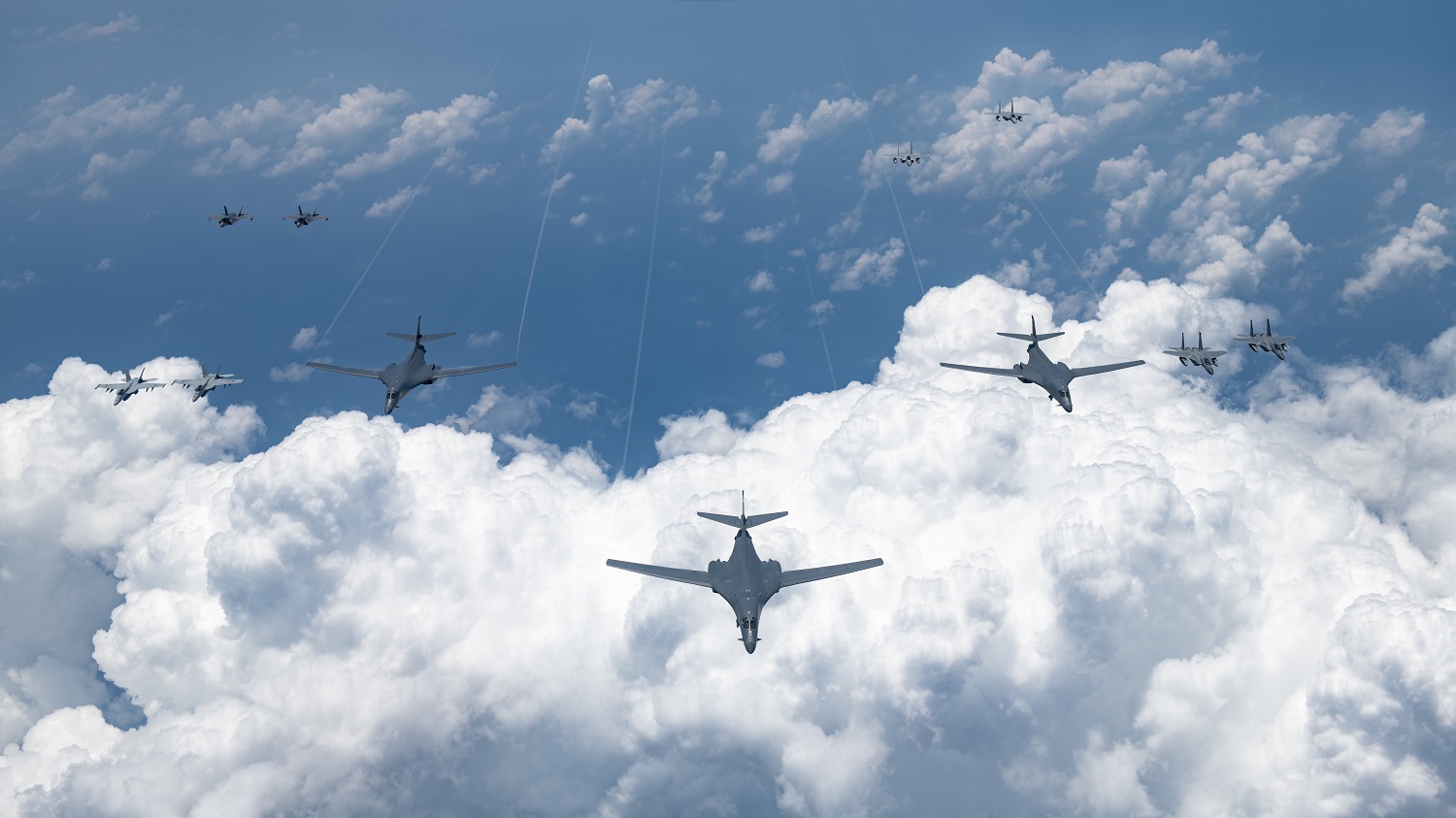 U.S. Air Force, Navy, Marine Corps and Japan Air Self Defense Force aircraft conduct a large-scale joint and bilateral integration training exercise Aug. 18, 2020. Four B-1B Lancers, two B-2 Spirit Stealth Bombers, and four F-15C Eagles conducted Bomber Task Force missions simultaneously within the Indo-Pacific region over the course of 24 hours. Pacific Air Forces routinely conducts BTF operations to show the United States' commitment to allies and partners in the Indo-Pacific area of responsibility.