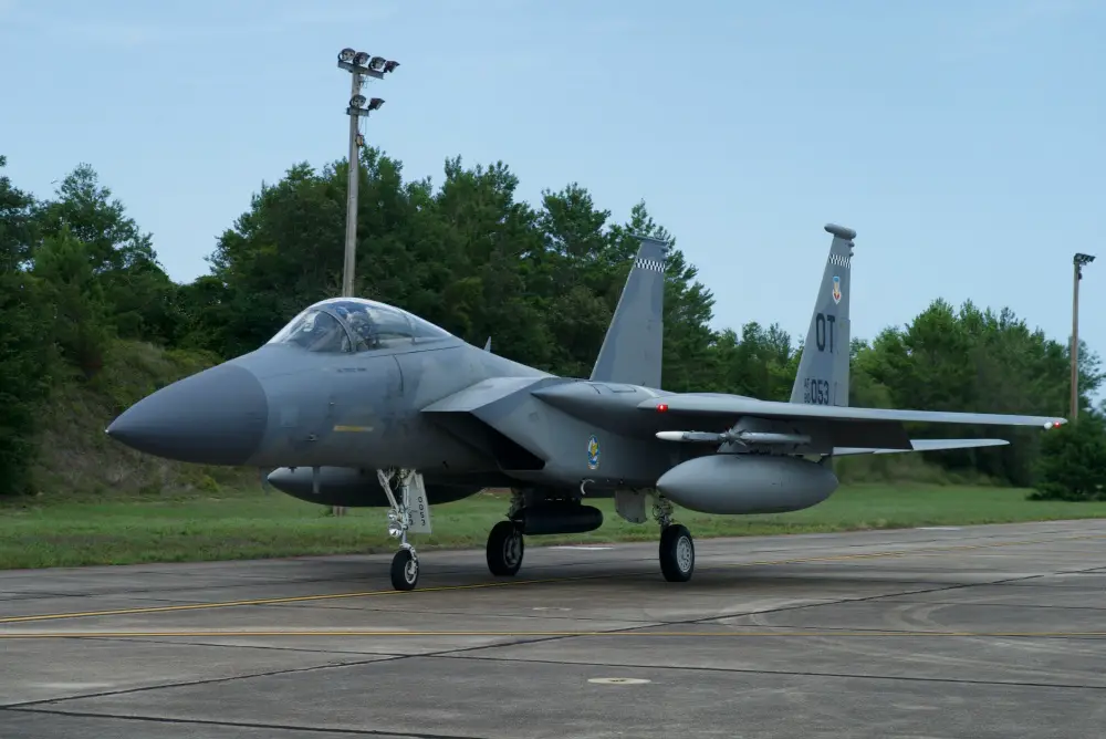 An F-15C Eagle from the 85th Test and Evaluation Squadron on the ramp prior to launching an AIM-9X missile using the Legion Pod.