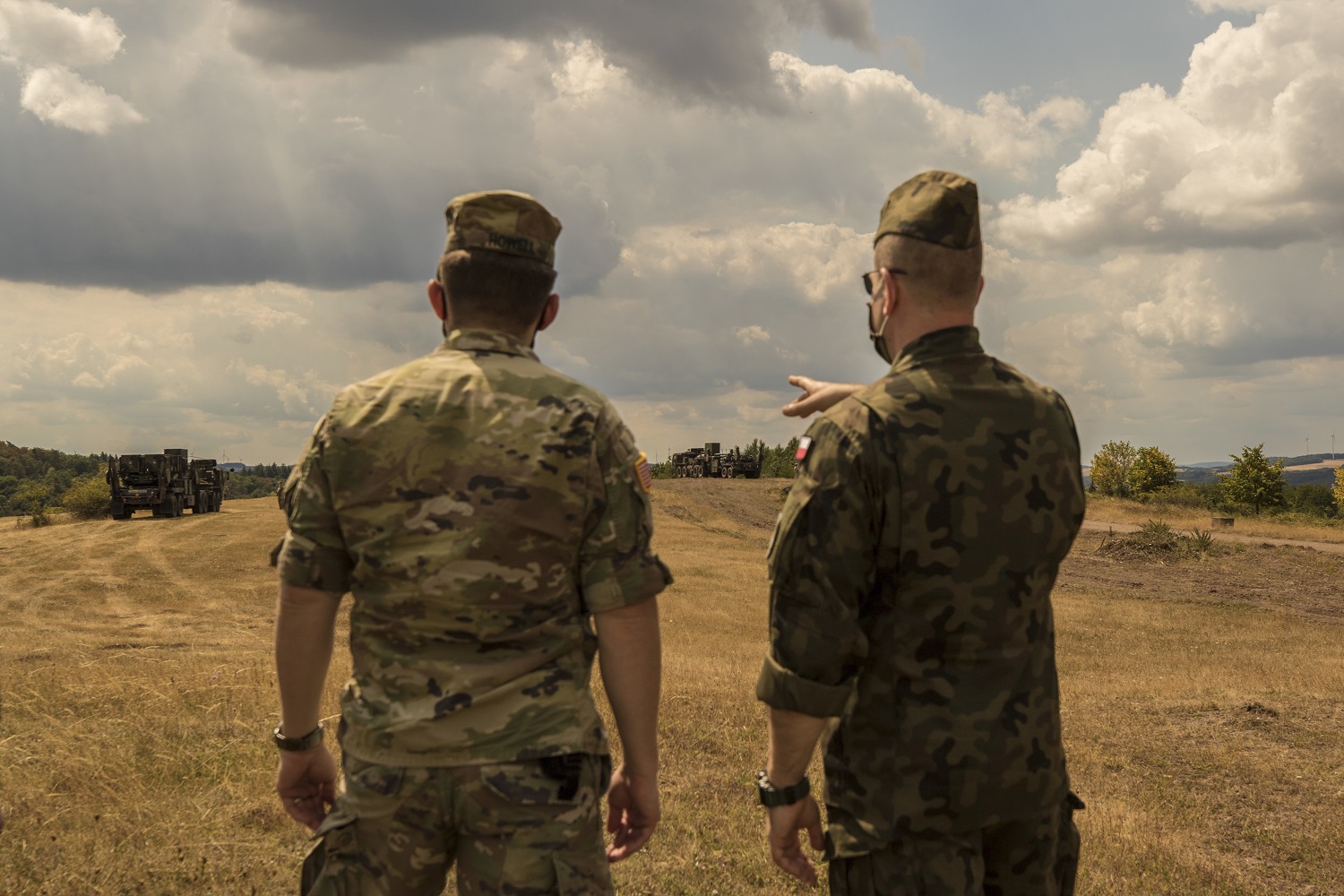 A Polish delegation, assigned to the 37th Air Defense Squadron, visits with U.S. Soldiers assigned to the 10th Army Air and Missile Defense Command on August 4, 2020 in Baumholder, Germany. 