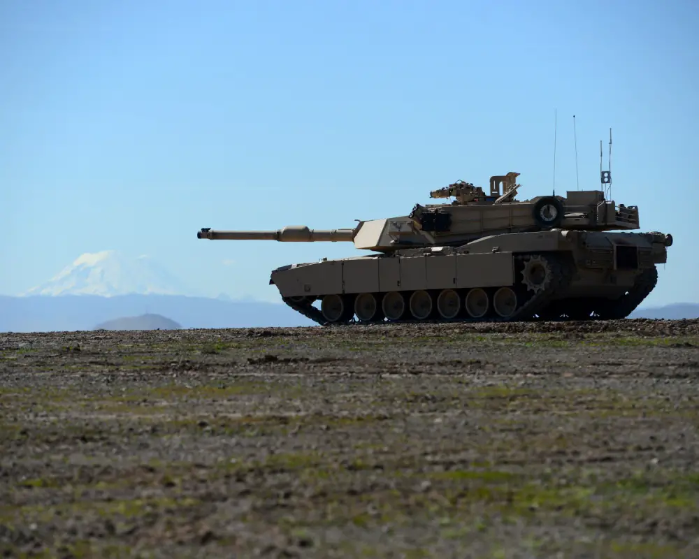M1A1 Abrams tank of Bravo Company, 4th Tank Battalion, 4th Marine Division, USMC Reserves, preparing for a live fire exercise at Yakima Training Center, Joint Base Lewis-McChord. 