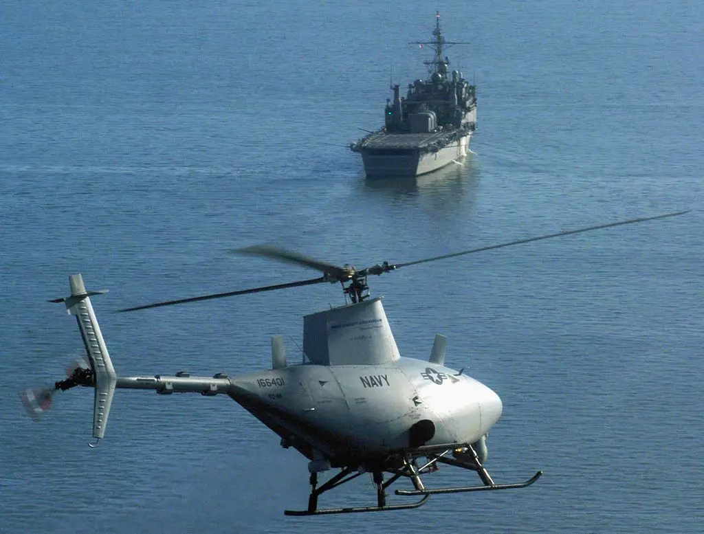 A RQ-8A prepares for the first autonomous landing aboard USS Nashville during sea trials, 2006.