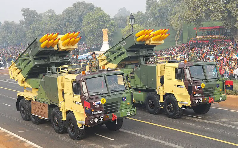 The Pinaka 214 MM Multi Barrel Rocket Launcher System passes through the Rajpath during the full dress rehearsal for the Republic Day Parade-2011, in New Delhi on January 23, 2011.