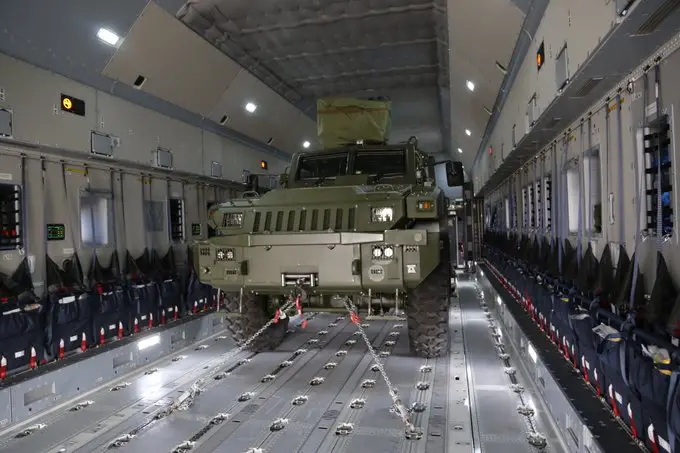During this briefing the A400M was loaded with an Arlan armoured wheeled vehicle, later in the day a second Arlan was also loaded.