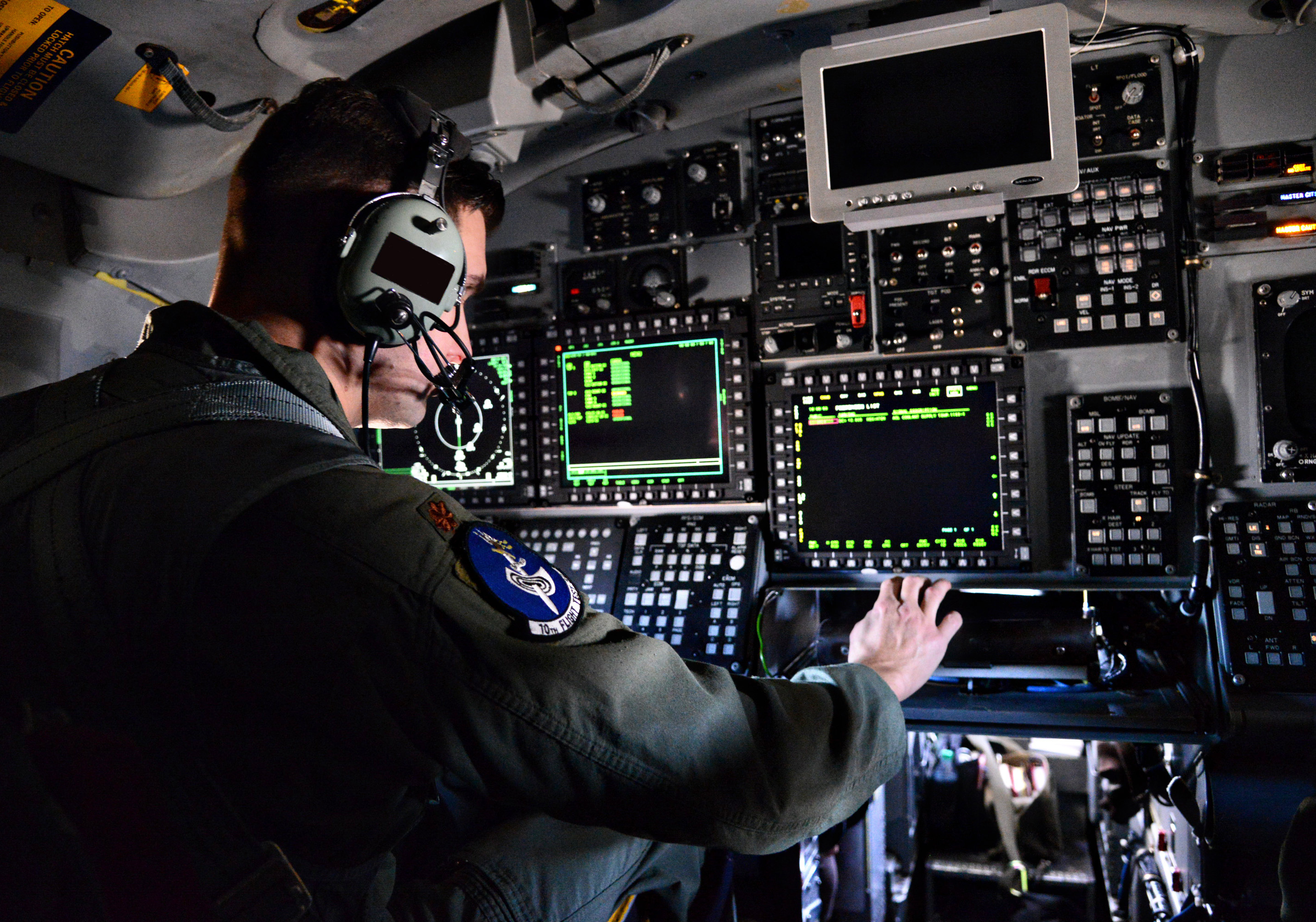 B-1B functional check flight pilot Maj. Michael Griffin, with the 10th Flight Test Squadron, Tinker Air Force Base, Okla., evaluates critical defensive and offensive aircraft systems, such as upgraded navigation procedures, radar systems and aircraft terrain, Dec. 15, 2015.