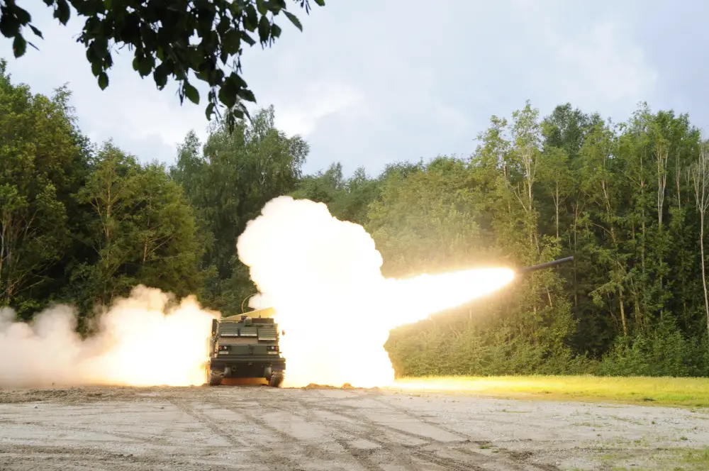 A M270A Multiple Launch Rocket System crew assigned to Bravo Battery, 1st Battalion, 6th Field Artillery Regiment fires Reduced Range Practice Rounds over the Estonian training area in Tapa on Sept. 5, 2020.