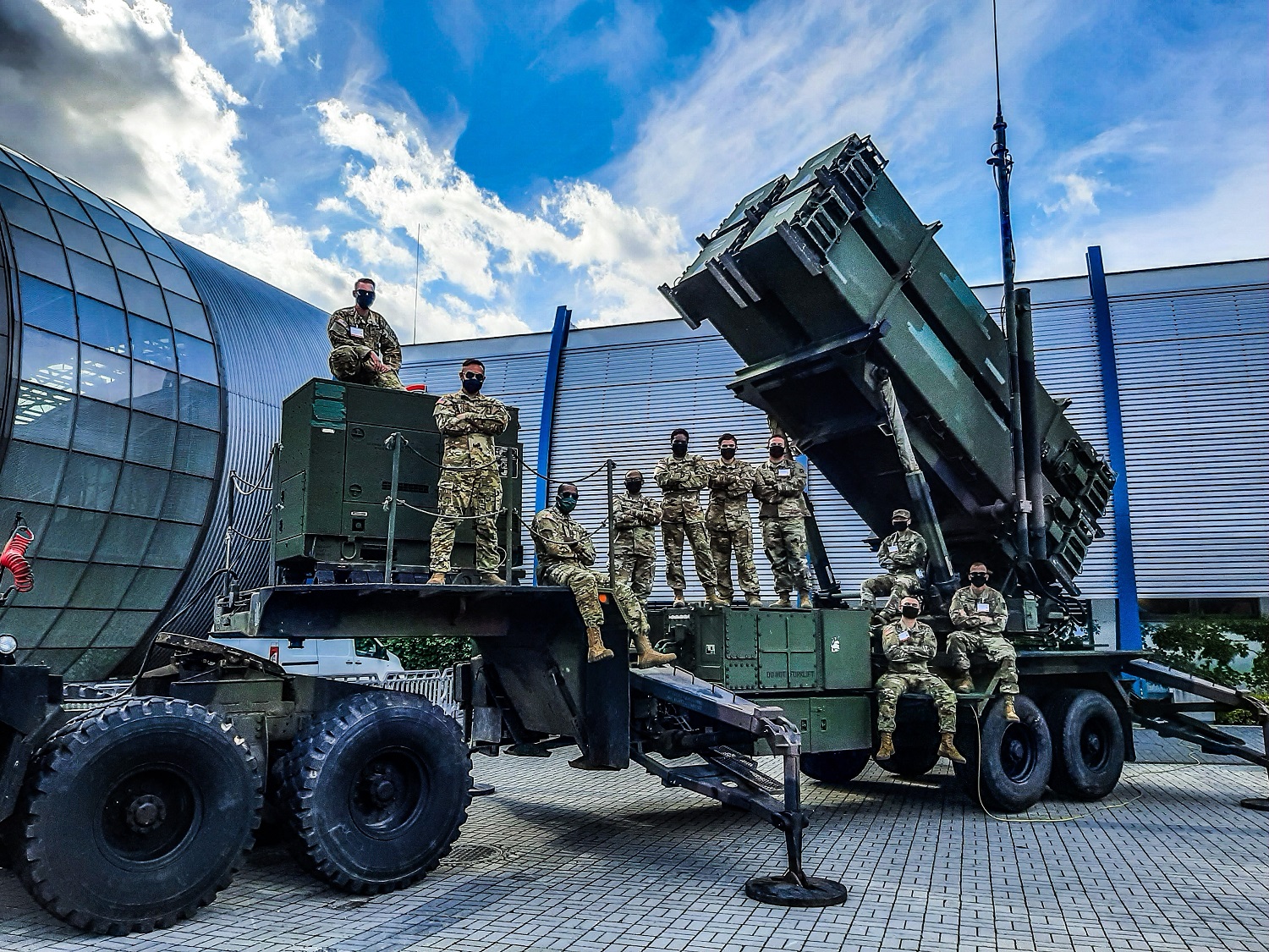 Soldiers from U.S. Army Alpha Battery, 5th Battalion, 7th Air Defense Artillery Regiment on a M901 Patriot Launching Station in Targi Kielce, Poland.