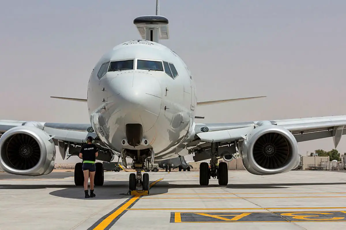 A Royal Australian Air Force E-7A Wedgetail arrives at the Australian Defence Force's main operating base in the Middle East region. Photo: Corporal Dan Pinhorn
