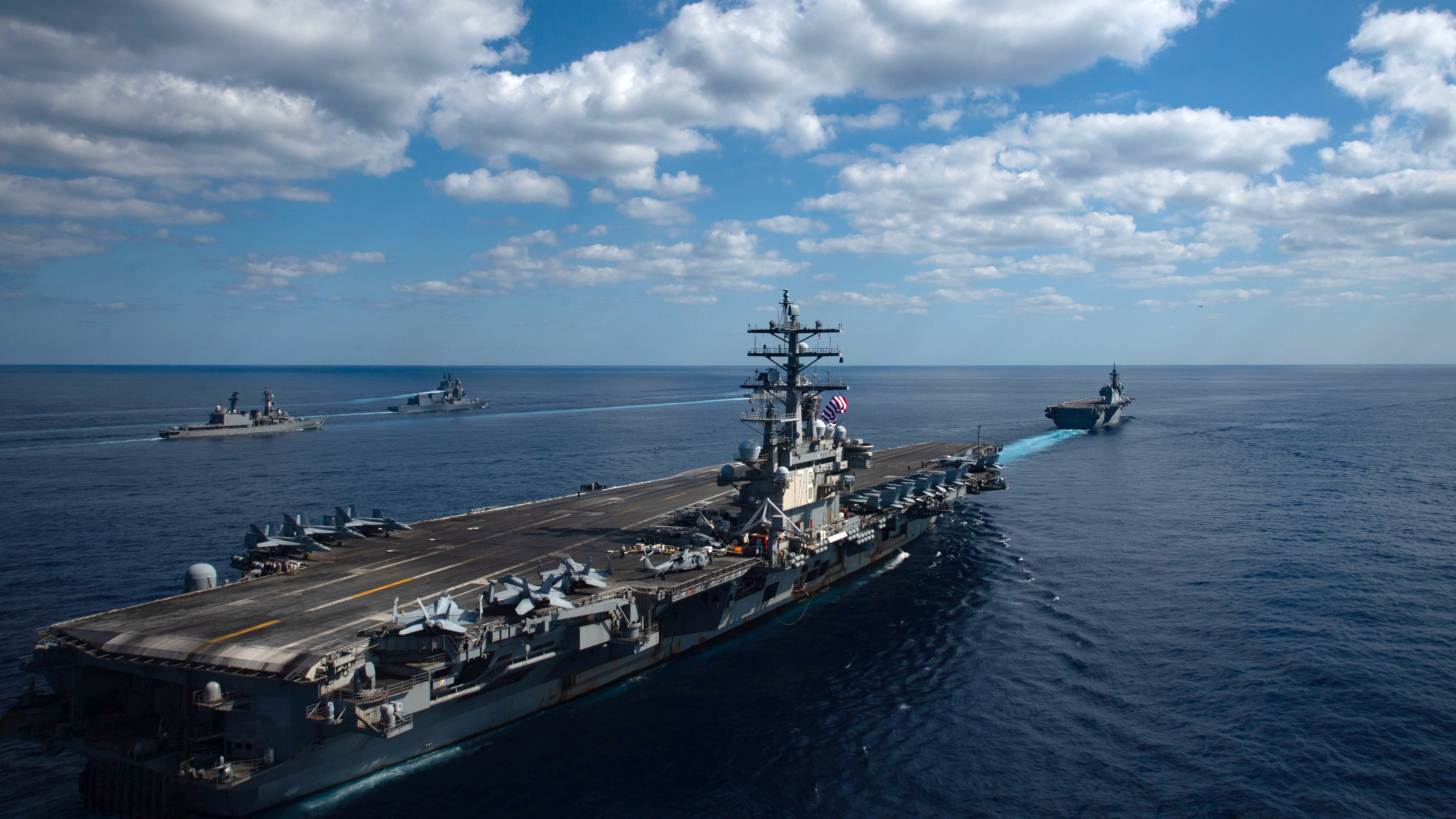U.S. Navy ships assigned to Ronald Reagan Carrier Strike Group joined ships of Japan Maritime Self-Defense Force (JMSDF) Escort Flotilla 1, Escort Flotilla 4, and the Royal Canadian Navy, in formation during Keen Sword 21. (U.S. Navy photo by Mass Communication Specialist Seaman Askia Collins)