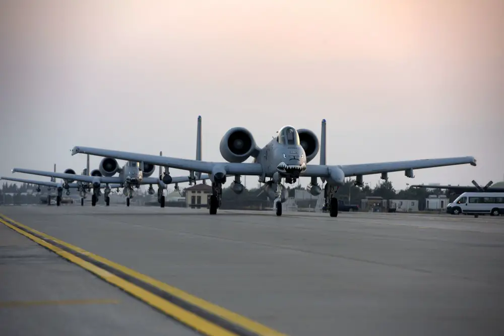 Three U.S. Air Force A-10 Thunderbolt IIs taxi along the flightline July 15, 2017, at Incirlik Air Base, Turkey. The A10s are deployed here from the 74th Fighter Squadron, Moody Air Force Base, Georgia, in support of Operation Inherent Resolve