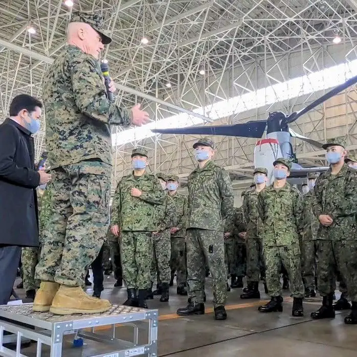 III Marine Expeditionary Force Commanding General, Lt. Gen. H. Stacy Clardy addresses attendees at the Japanese Ground Self Defense Force's Transportation Aviation Group (TAG) Ceremony for Japan's V-22 Program Activation, Nov. 3, 2020.