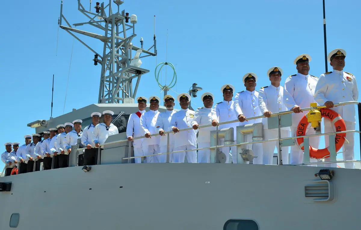 The crew of the VOEA Ngahau Siliva on board the vessel at the handover ceremony (image: Austal)