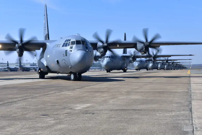 US Air Force C-130J Super Hercules four-engine turboprop military transport aircraft.s