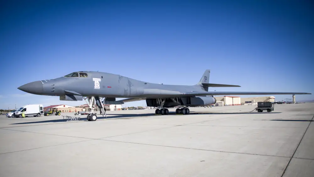  A B-1B Lancer with a Joint Air-to-Surface Standoff Missile (JASSM) undergoes pre-flight procedures prior to a captive carry external weapons demonstration flight at Edwards Air Force Base, California, Nov. 17. 