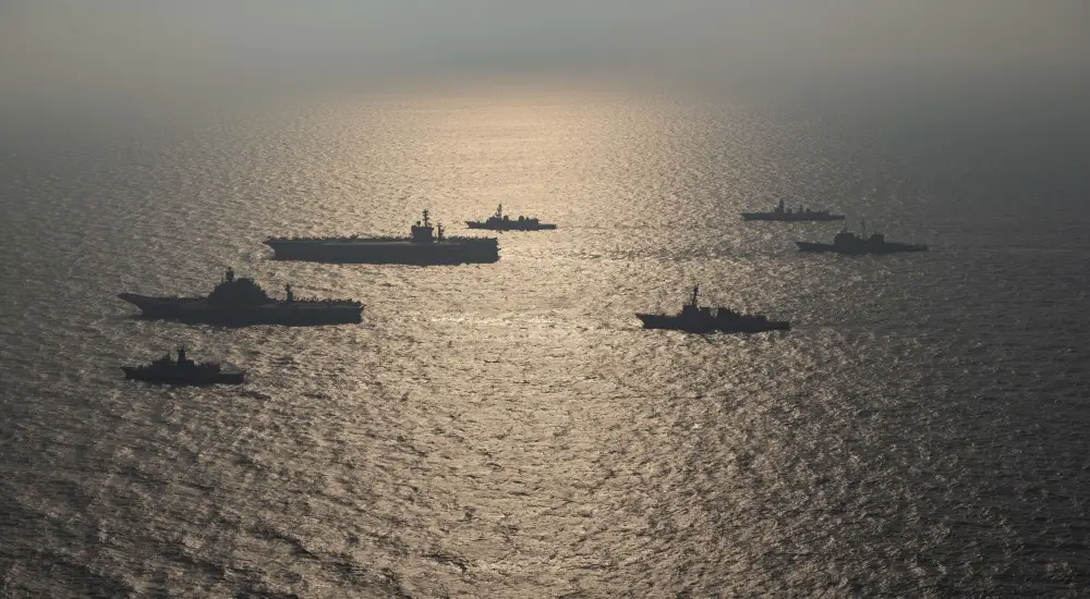 Ships from the Royal Australian Navy, Indian Navy, Japanese Maritime Self-Defense Force, and the United States Navy participate in Malabar 2020. 