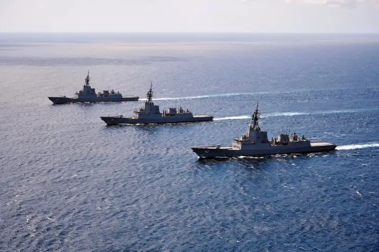 HMA Ships Hobart, Brisbane and Sydney sail in formation through the the Eastern Australian Exercise Area off the coast of New South Wales.