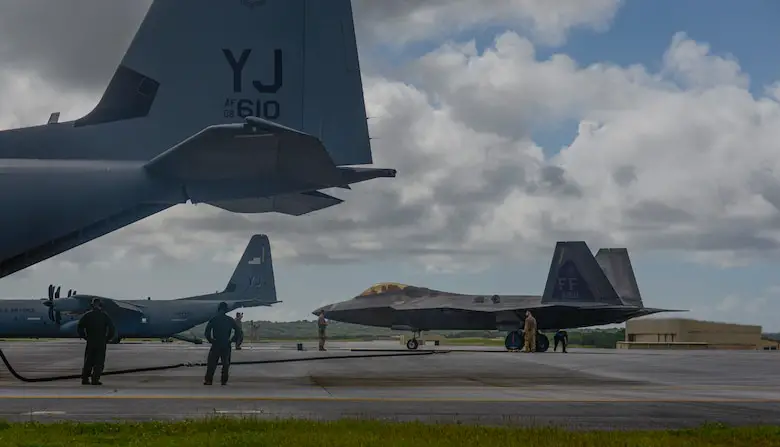 US Air Force C-130J Super Hercules Refuels F-22s Using Aerial Bulk Fuel Delivery System (ABFDS)