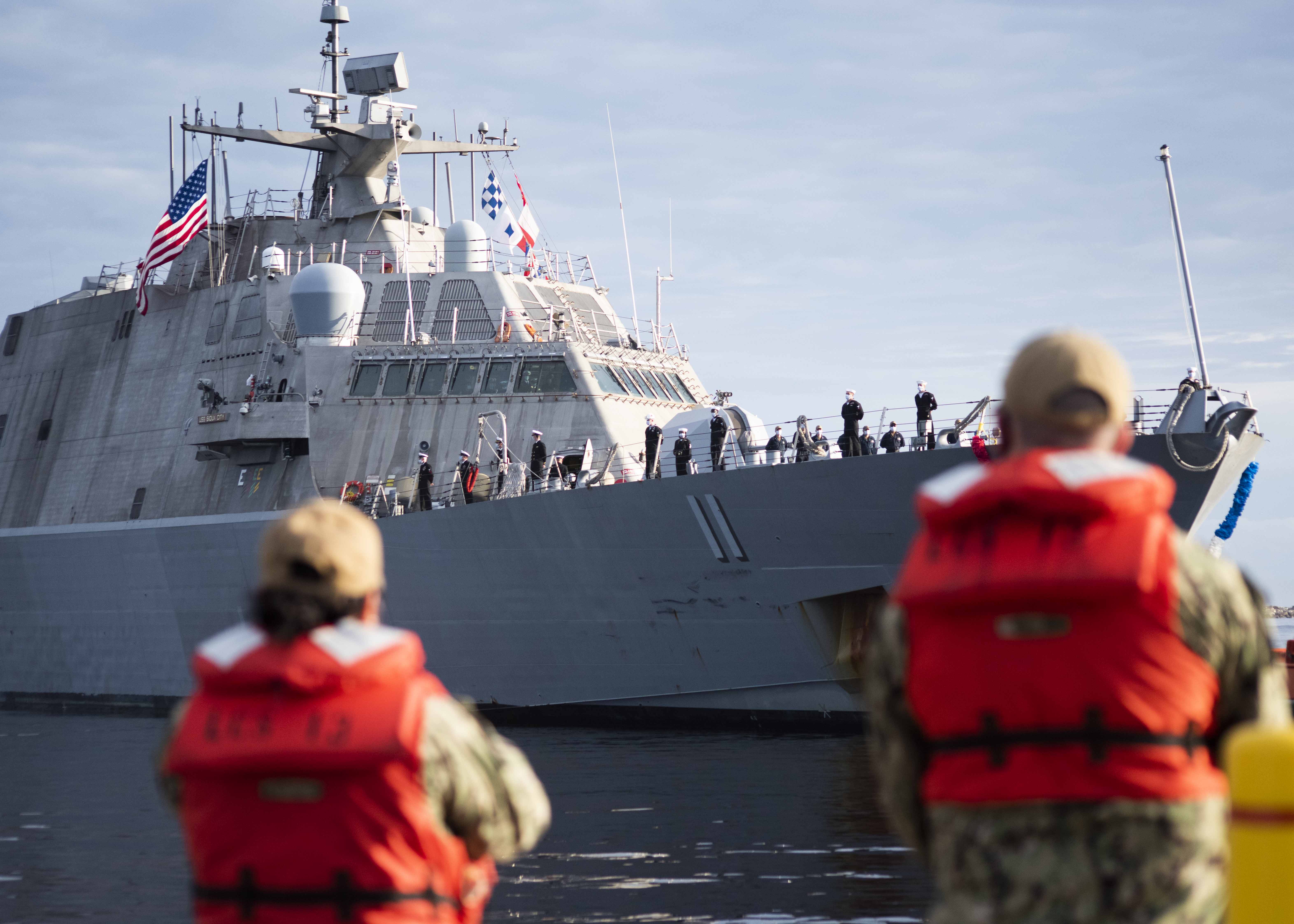 The Freedom-variant littoral combat ship USS Sioux City (LCS 11) prepares to moor at Naval Station Mayport. Sioux City returned to Mayport following a deployment to the U.S. 4th Fleet area of operations.