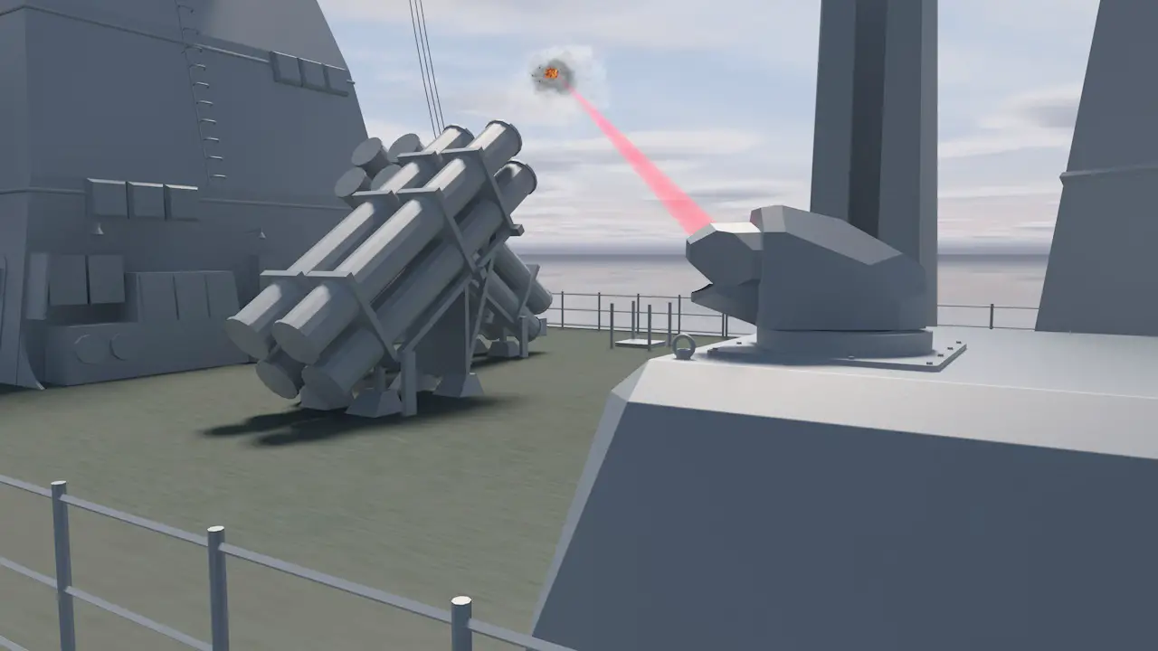A computer graphic illustration of a laser weapon demonstrator onboard a German Navy frigate. Credit: MBDA.