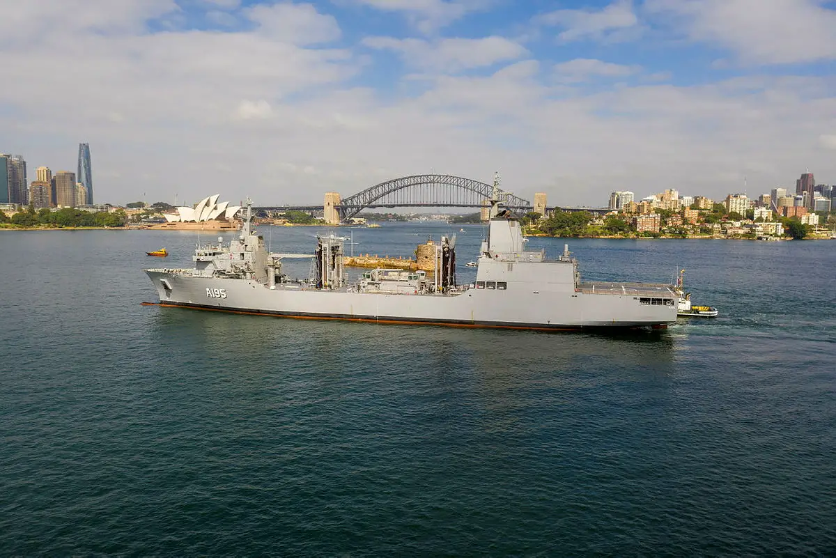 Royal Australian Navy NUSHIP Supply arrives at her home port for the first time, at Fleet Base East, Sydney, New South Wales.