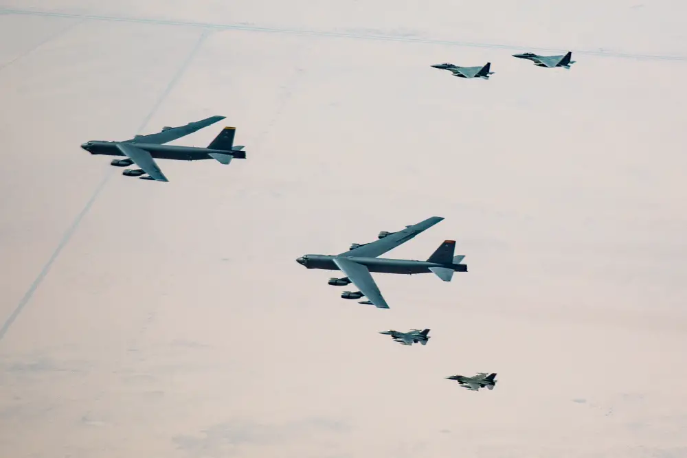 Royal Saudi Arabian Air Force F-15SA Fighters Escort US Air Force B-52 Bombers