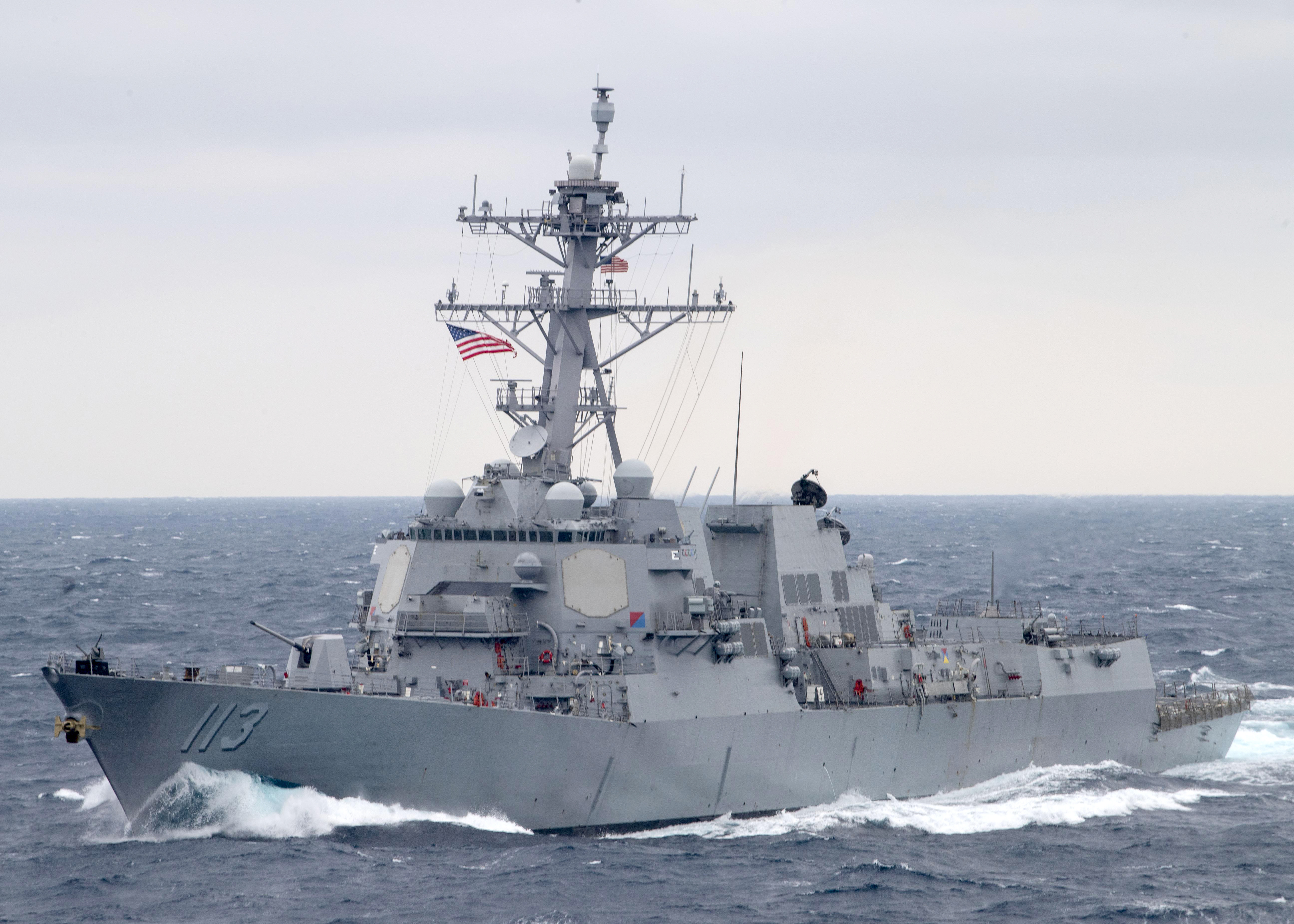 The Arleigh Burke-class guided-missile destroyer USS John Finn (DDG 113) transits the Pacific Ocean Jan. 15, 2021.