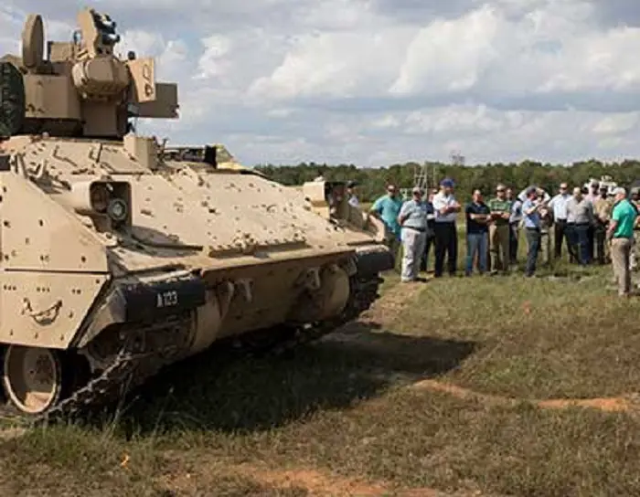 A U.S. Army-led MAPS team takes to the field at Redstone Test Center in 2019 to demonstrate a layered defense capability to defeat threats. This was the first use of the base kit in a ground vehicle, in this case a Bradley. 