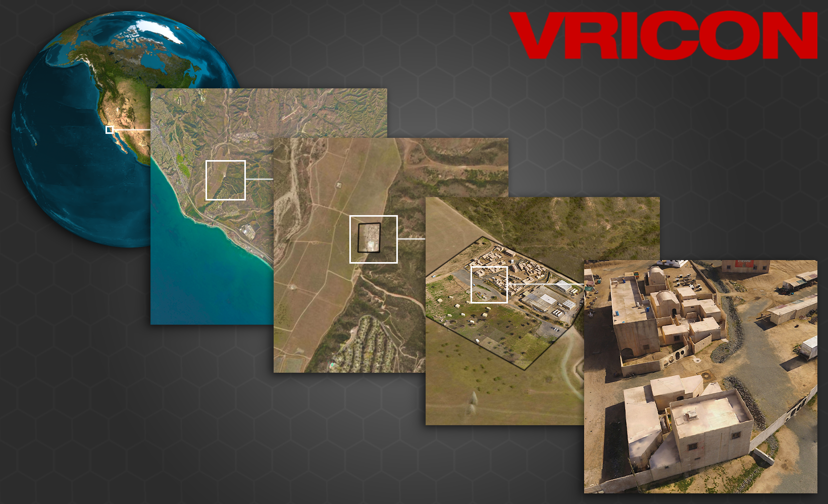 Example rendering of Vricon OWT foundation data with automatically geo-registered and fused data from local drone-based terrain survey to illustrate zoomed levels-of-detail from space down to centimeter-level urban terrain.
