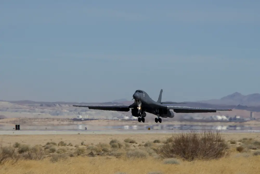 A recently retired Rockwell B-1 Lancer supersonic strategic heavy bomber, tail number 86-0099, lands at Edwards Air Force Base, California, Feb. 23.