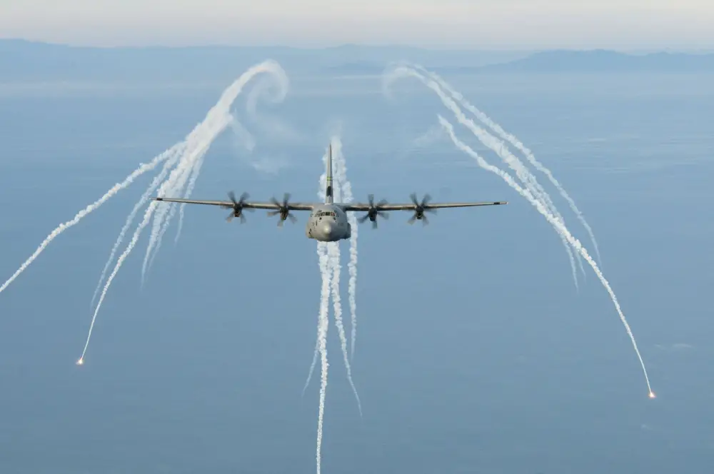 U.S. Air Force C-130J fires flares