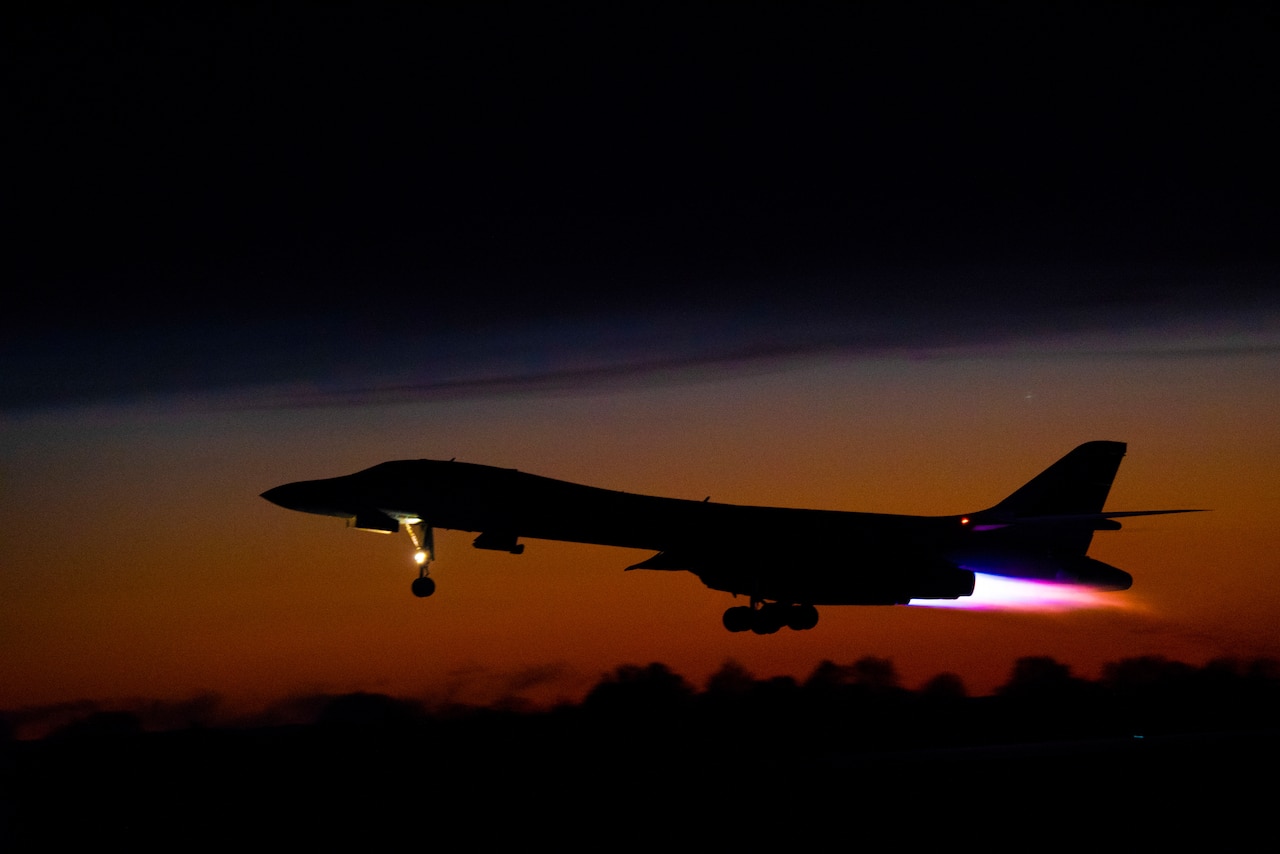 A B-1B Lancer assigned to the 9th Expeditionary Bomb Squadron takes off from Ã˜rland Air Force Station, Norway, March 14, 2021.