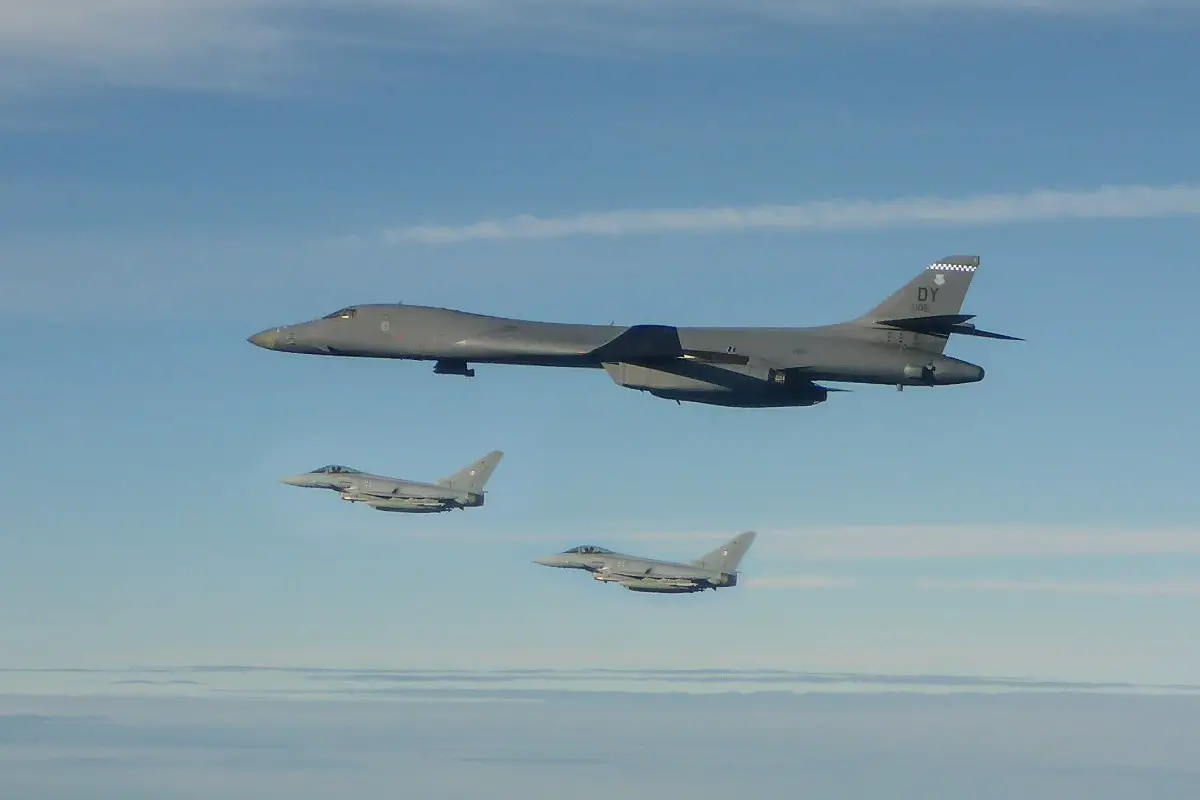 A German Air Force Eurofighter twoship took off from Ã„mari Air Base in Estonia, to conduct integration training and practice formation flying with a U.S. Air Force B-1B bomber. 
