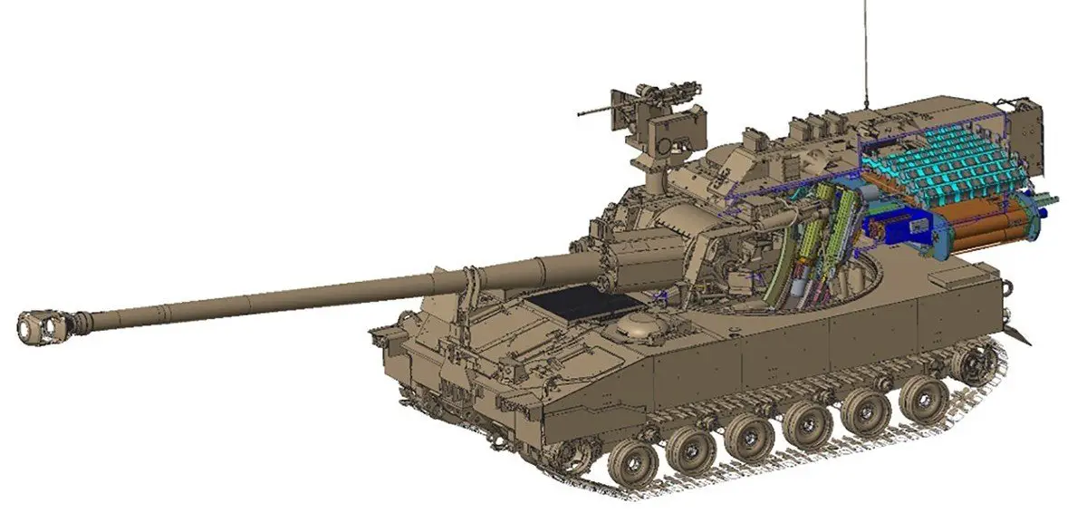 A computer-aided design (CAD) graphic depicts an Extended Range Canon Artillery system integrated onto an M109A7 chassis