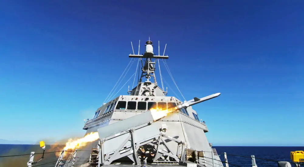 US Navy USS Gabrielle Giffords (LCS 10) Successfully Launches Naval Strike Missile (NSM)
