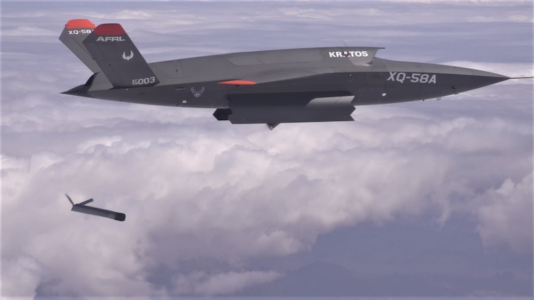 The XQ-58A Valkyrie demonstrates the separation of the ALTIUS-600 small UAS in a test at the U.S. Army Yuma Proving Ground test range, Arizona on March 26, 2021.