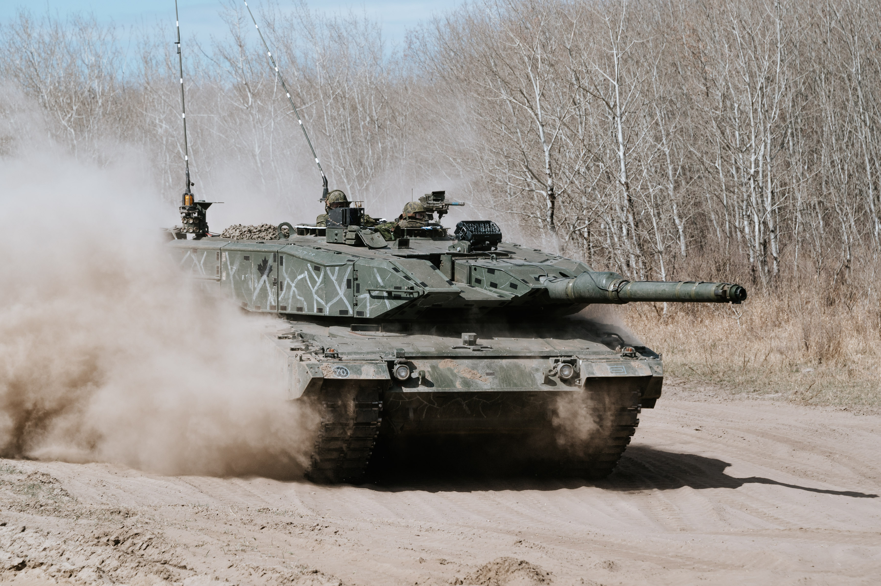 A Canadian Armed Forces Leopard 2 of Lord Strathcona's Horse drives through the training area prior the start of exercise MAPLE RESOLVE 21.