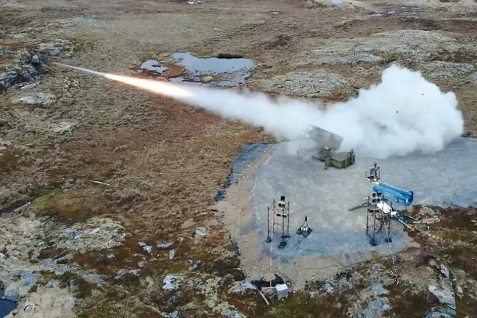 An AMRAAM-ER missile is fired from a NASAMS launcher during a test exercise at the Andoya Space Defense Center in Norway.