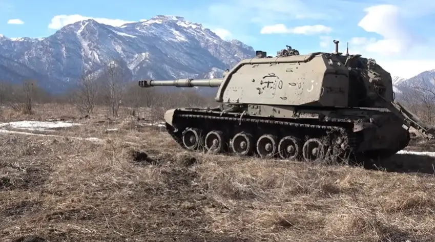 Russian Southern Military District Msta-S Howitzers Conduct Live Firing Exercise in North Ossetia